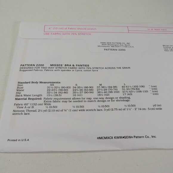 Kwik Sew 2200 Clothing Pattern XS-LG Bra & Panties UNCUT - Picture 4 of 4